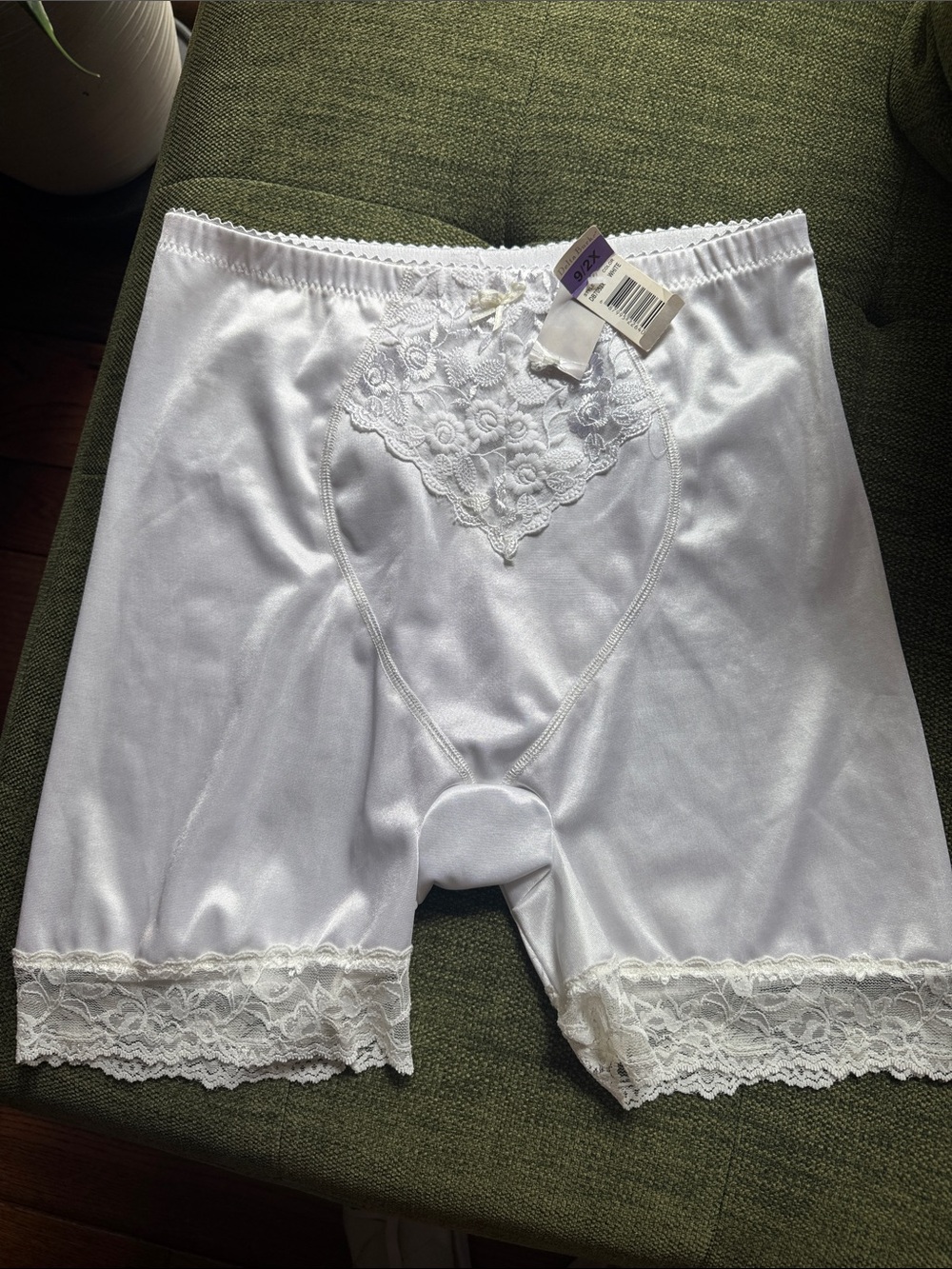 Delta Burke White Satin Lace Long-Leg Slip Shorts